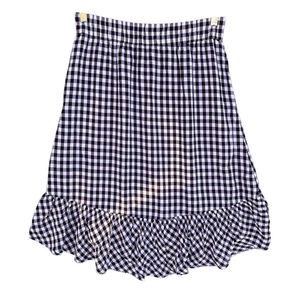 J. Crew Black White Gingham High Low Skirt Ruffle Hem Midi Pocket Lined Elastic - Picture 6 of 8